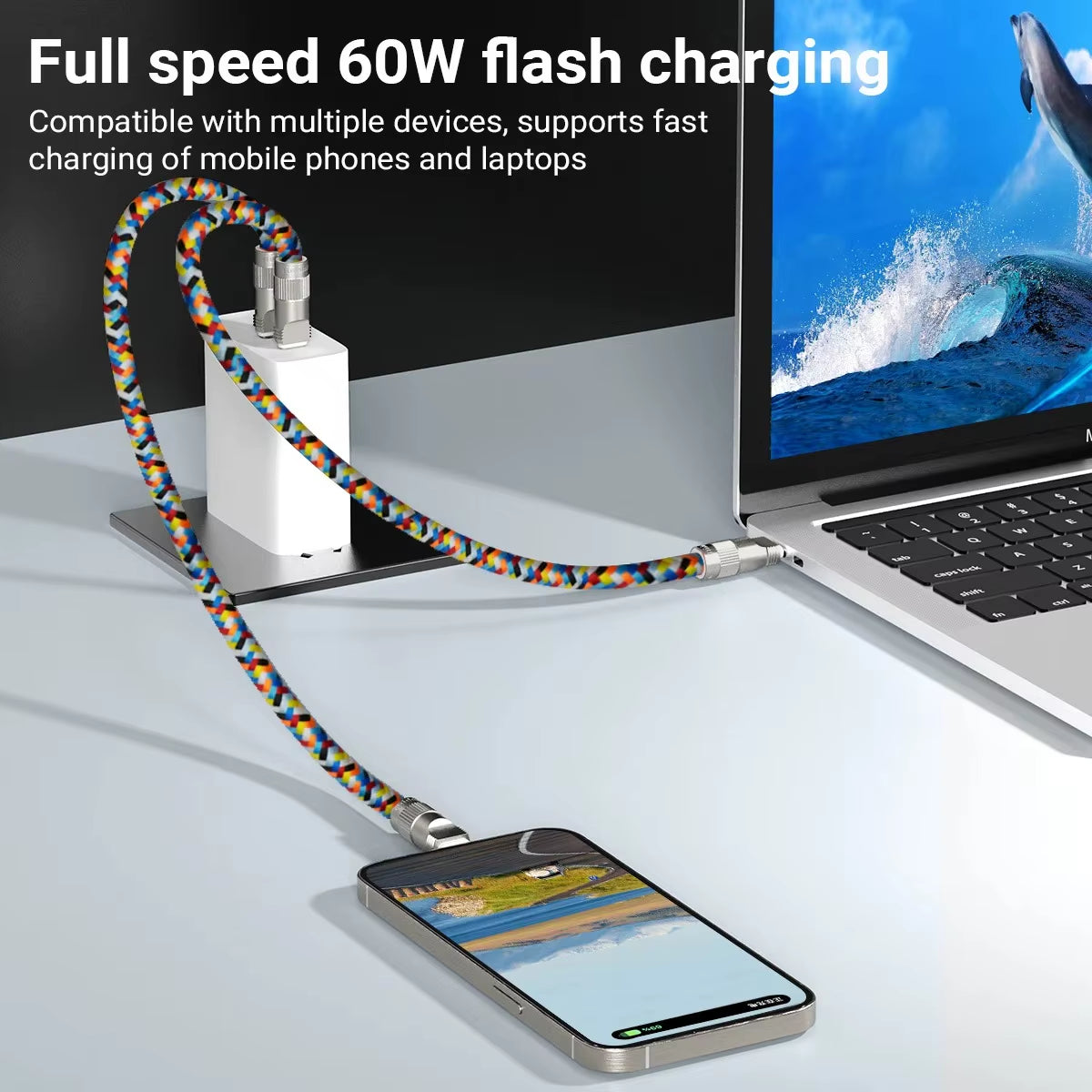 2 in 1 Fashionable Mobile Phone Lanyard PD 60W C to C Charging Cable Zinc Alloy Lock More Convenient and Safer for Mobile Iphone