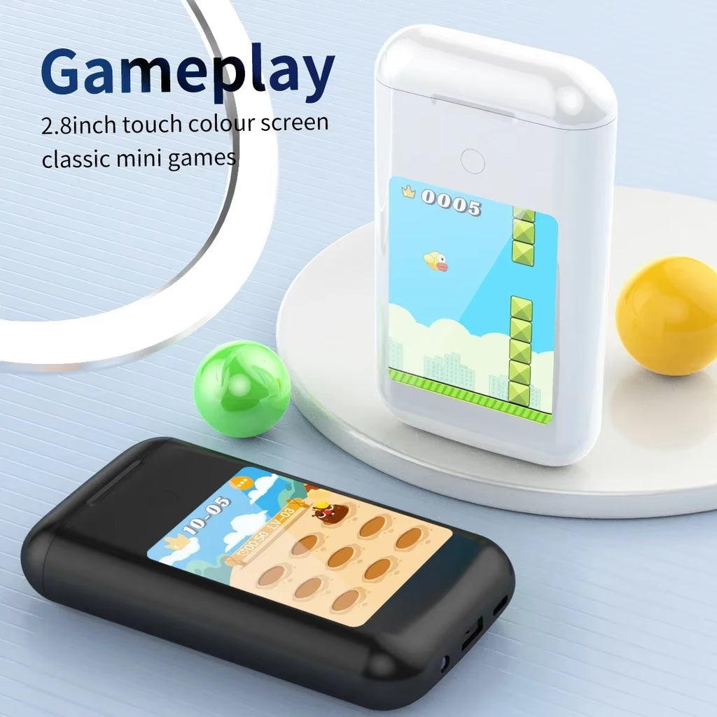 Multiple Function in Ear Bluetooth Wireless Earphone Charging Case with 2.8" Touch Screen Power Bank Headphone Music Game