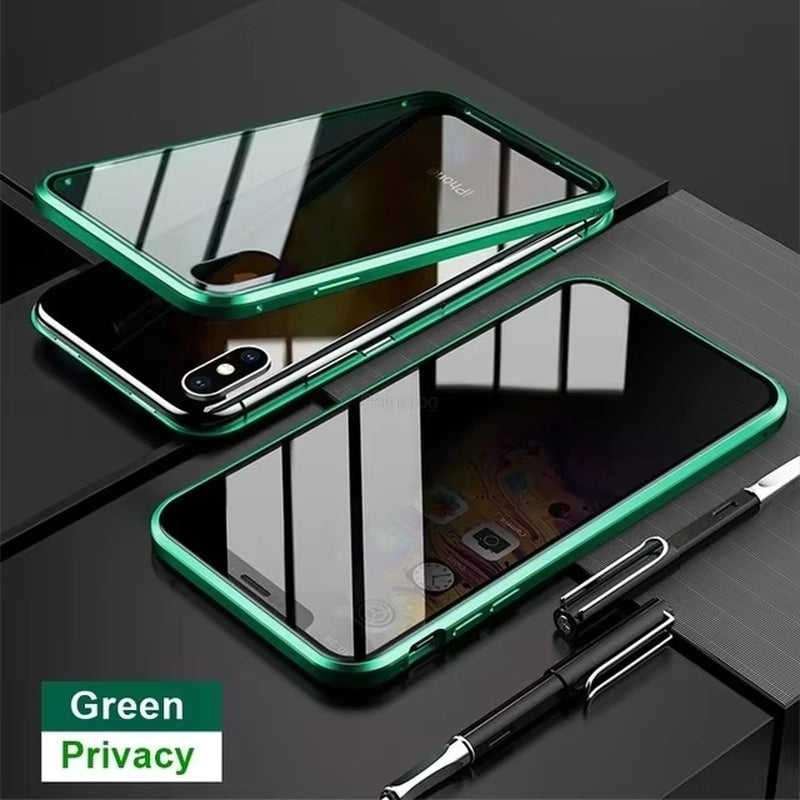 Magnetic Tempered Glass Privacy Metal Case for Iphone 15 14 13 12 XR 11 Pro MAX X 7 8 6 plus 360 Magnet Antispy Protective Cover