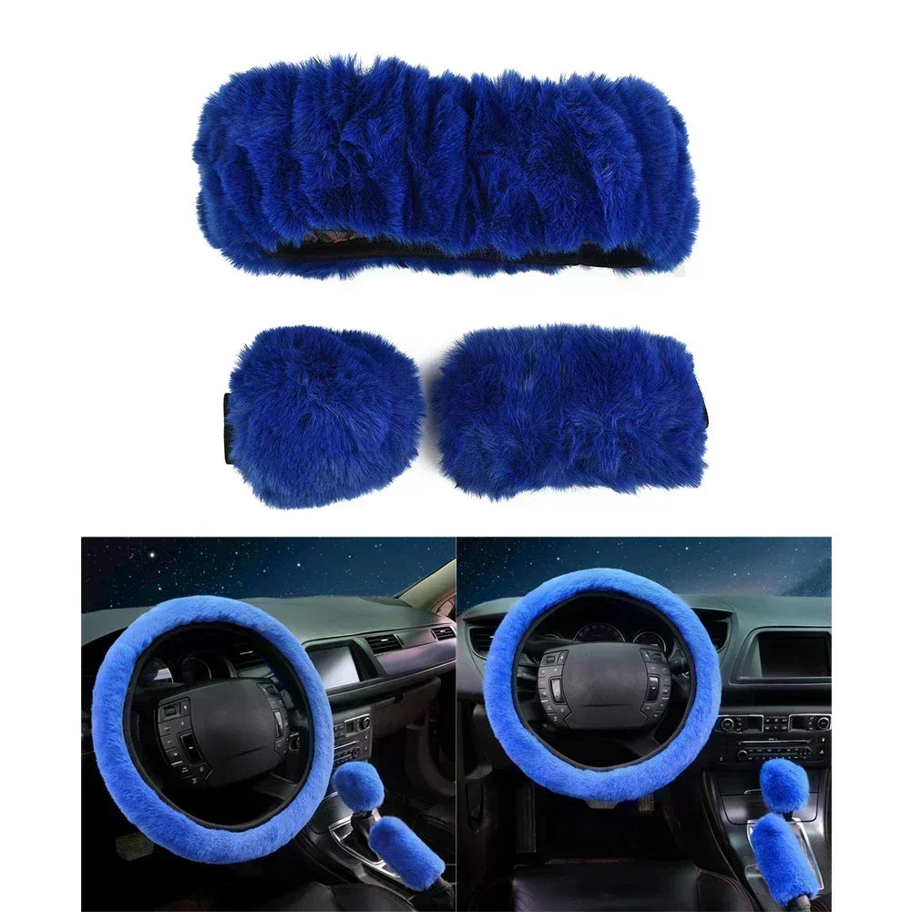 3Pcs/Set Warm Faux Wool Steering Wheel Cover 38Cm Fur Fluffy Thick Auto Car Steering Wheel Plush Cover Soft Wool Decoration Car