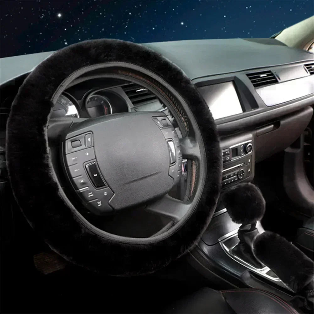 3Pcs/Set Warm Faux Wool Steering Wheel Cover 38Cm Fur Fluffy Thick Auto Car Steering Wheel Plush Cover Soft Wool Decoration Car