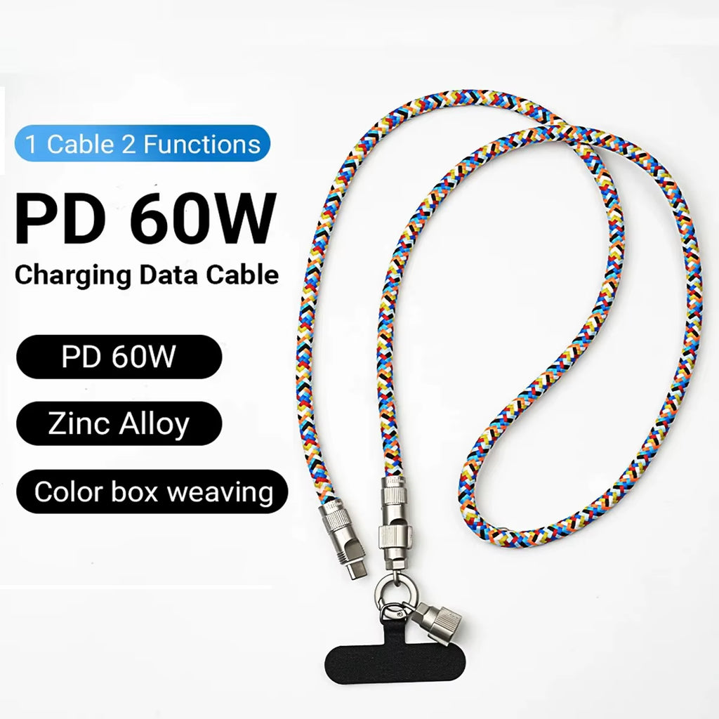 2 in 1 Fashionable Mobile Phone Lanyard PD 60W C to C Charging Cable Zinc Alloy Lock More Convenient and Safer for Mobile Iphone