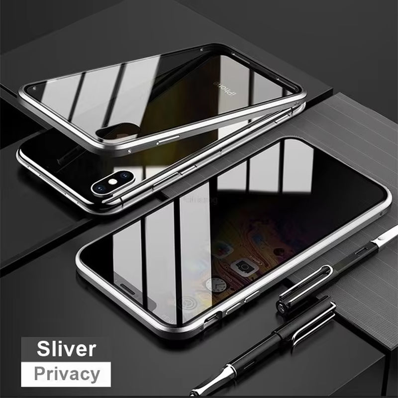 Magnetic Tempered Glass Privacy Metal Case for Iphone 15 14 13 12 XR 11 Pro MAX X 7 8 6 plus 360 Magnet Antispy Protective Cover