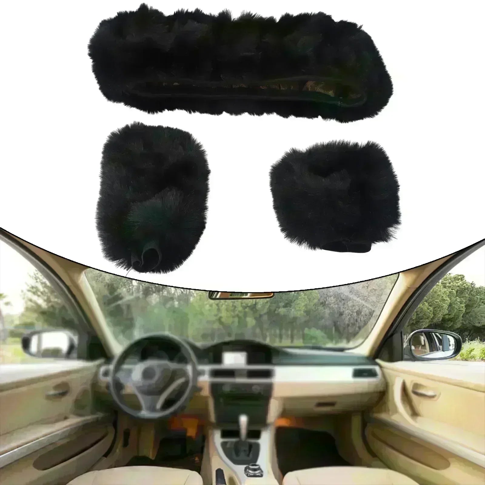 3Pcs/Set Warm Faux Wool Steering Wheel Cover 38Cm Fur Fluffy Thick Auto Car Steering Wheel Plush Cover Soft Wool Decoration Car