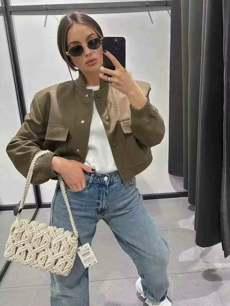 2025 Women'S Bomber Jacket Fashion with Pockets Autumn Jackets Coat Long Sleeve Casual New in Outerwears Chic Tops