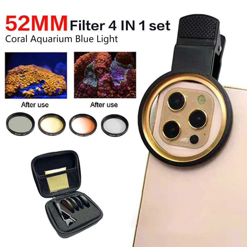 52Mm 4 in 1 Set Aquarium Lens Fish Tank Phone Yellow Filter for Reduce Yellow Light Coral Reef Aquarium Photography for Iphone